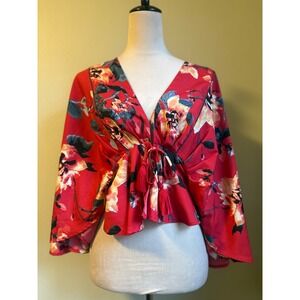 Band‎ of the Free Red Floral  Kimono Sleeve Tie Front top Small oho whimsi flowy
